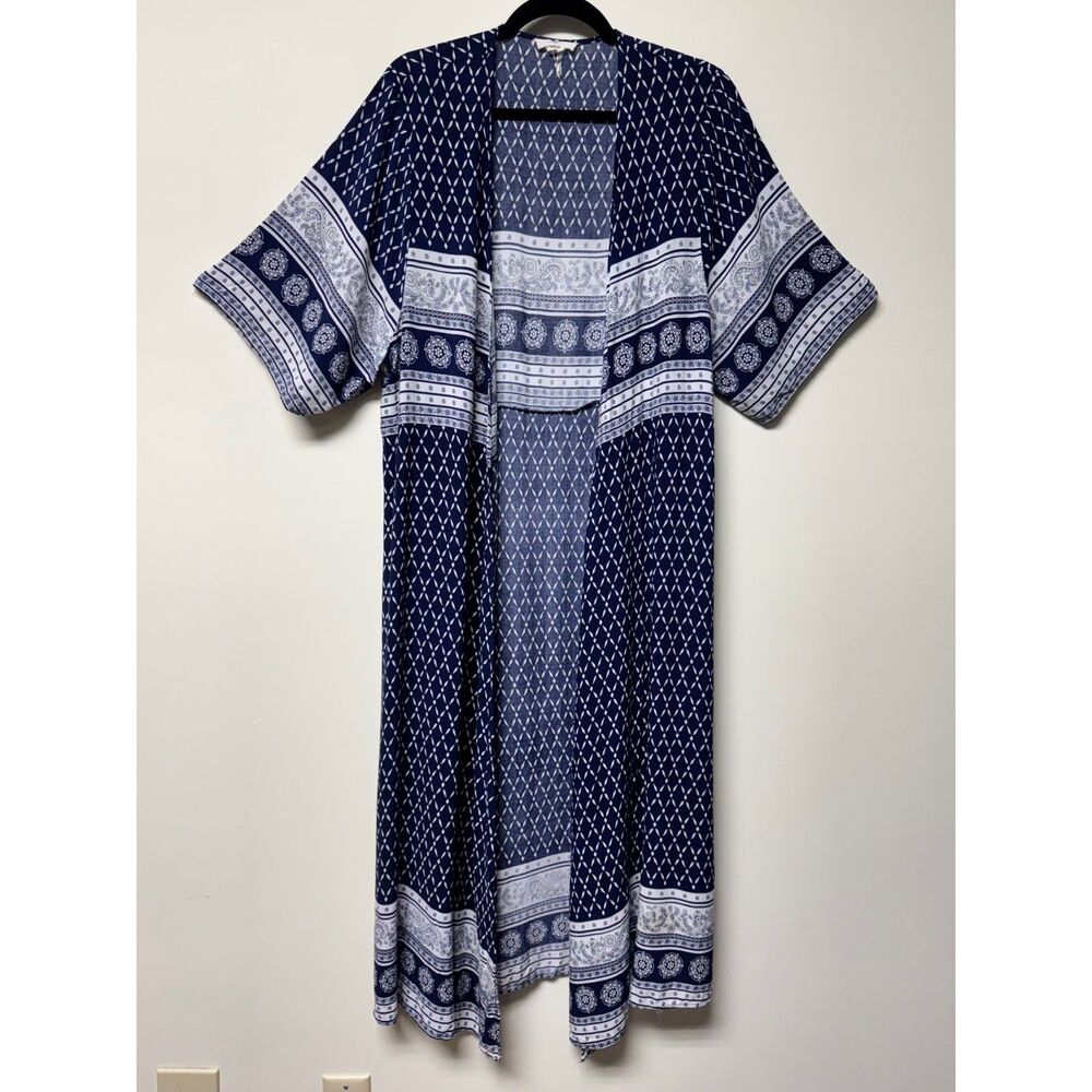 ENTRO Blue/White Boho Print Duster Length Open Front Kimono/Cardigan, Sz M